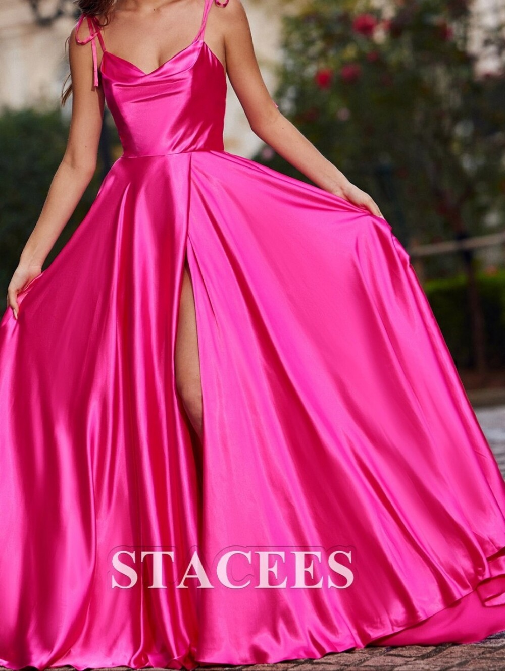 A-line Cowl Neck Court Train Charmeuse Prom Dress with Pleated Split
